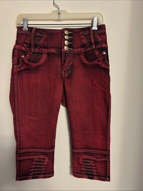 Tush Push High-Button Waist Burgundy with Black/Gold Trim Jean Capris size 11